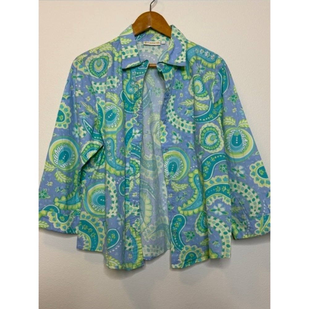 Lulu-B Womens Blue Lime Green Paisley Cotton 3/4 Sleeve Button Up Shirt Large